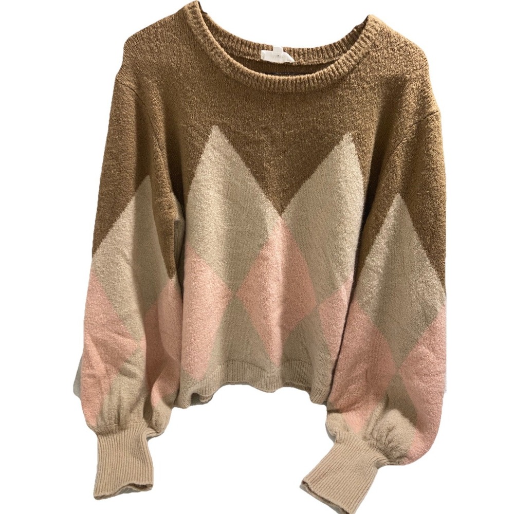 Womens L Argyle Sweater Tan Cream Pink Soft Knit Balloon Sleeve Cozy